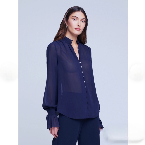 🎁HOLIDAY SPECIAL🎁NWT. L'AGENCE Marion Sheer Ruffle Blouse In Midnight - Picture 13 of 16